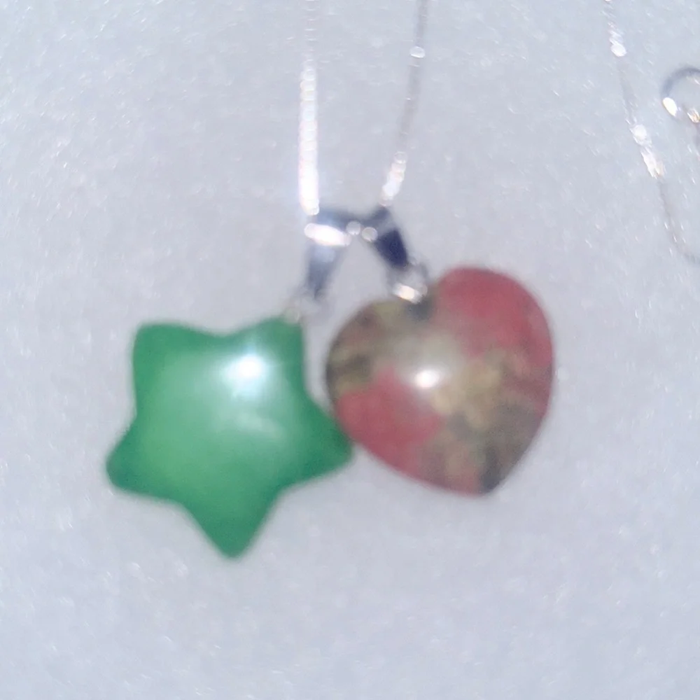 Jade Star and Unakite Heart sterling silver 16” necklace